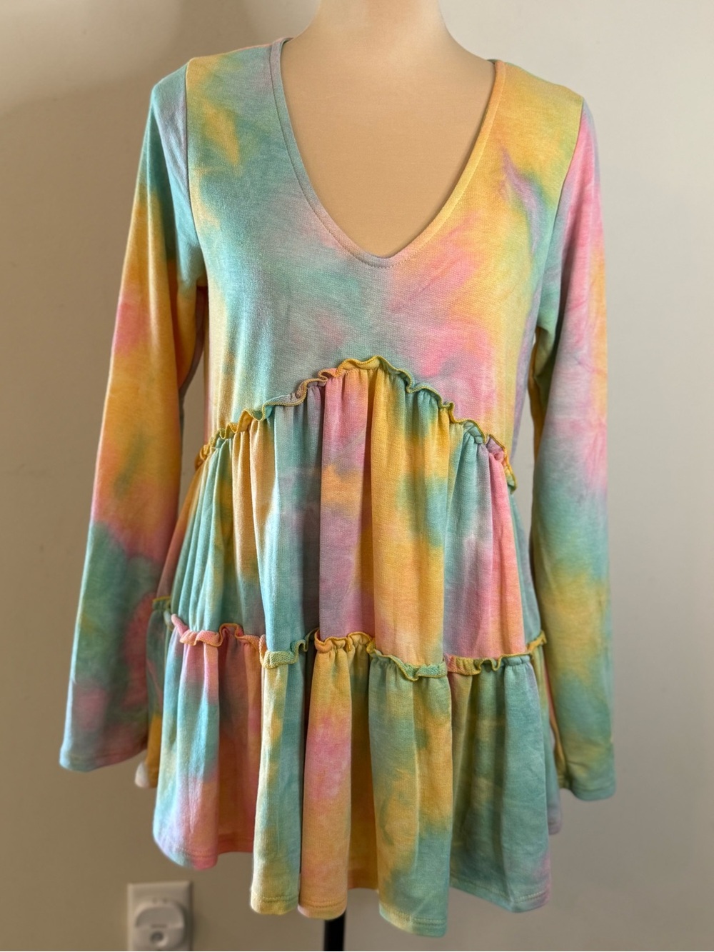 Bluivy boho sweatshirt mini dress pastel tie dye ruffles SZ SM